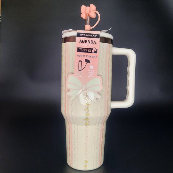 Hydragear Coquette Cream Floral Stripe Bow Straw Topper Agenda 40 oz Tumbler NEW - Picture 1 of 5